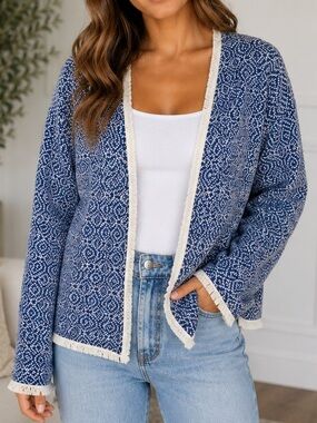 3/$25 Emma & Olivia Blue & White Fringe Trim Cardigan | Size Large